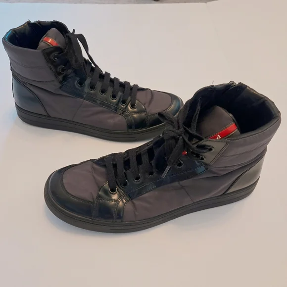 PRADA Mens High Top Nylon And Leather Red Stripe Luna Rosa Sport Style Sneaker - Picture 8 of 8
